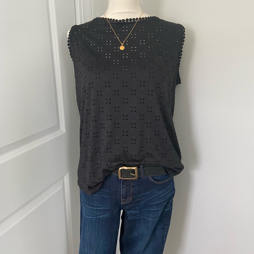 Halogen black eyelet sleeveless blouse with attached camisole.
